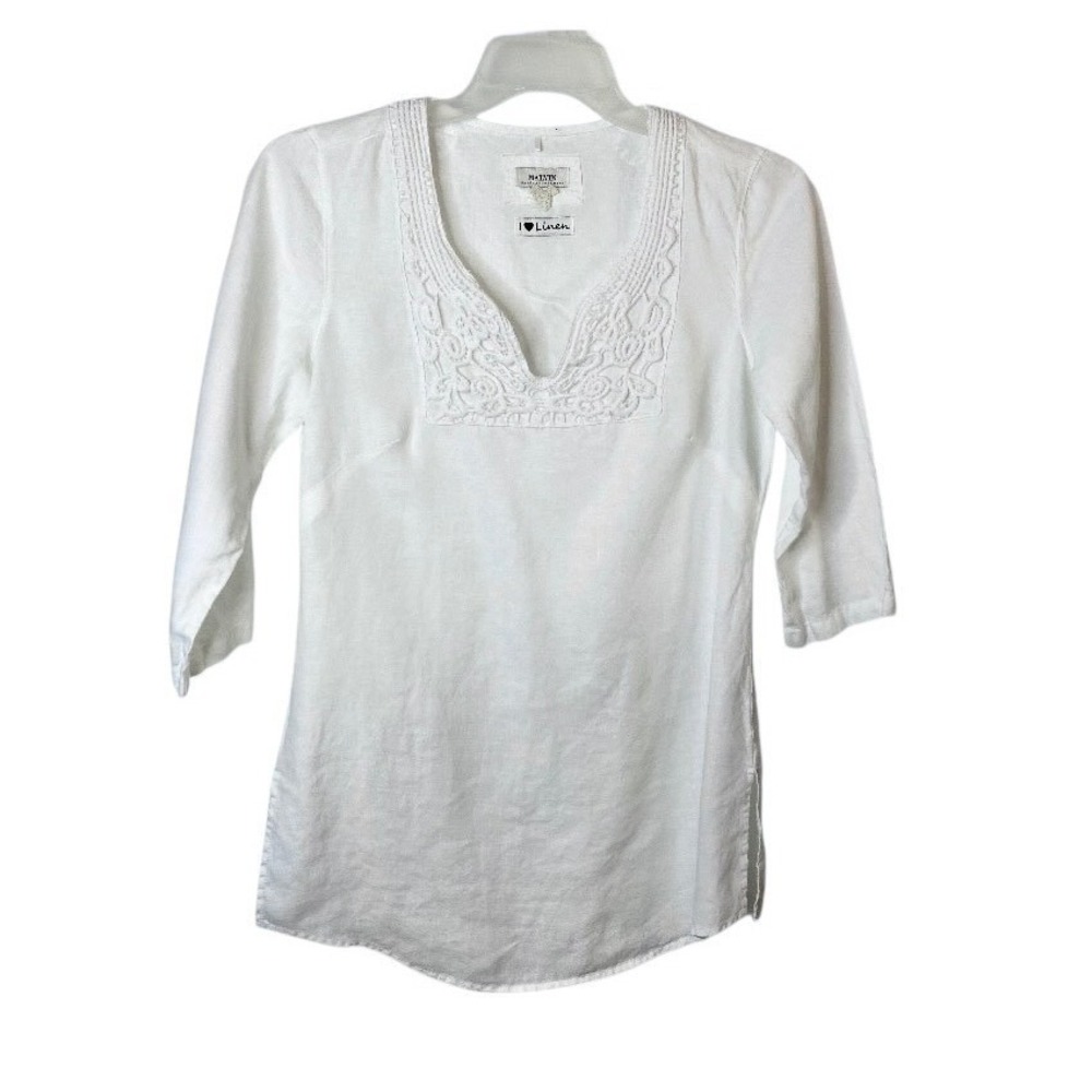 Malvin Hamburg Germany Womens White 100% Linen Lace V Neck Tunic Top Medium